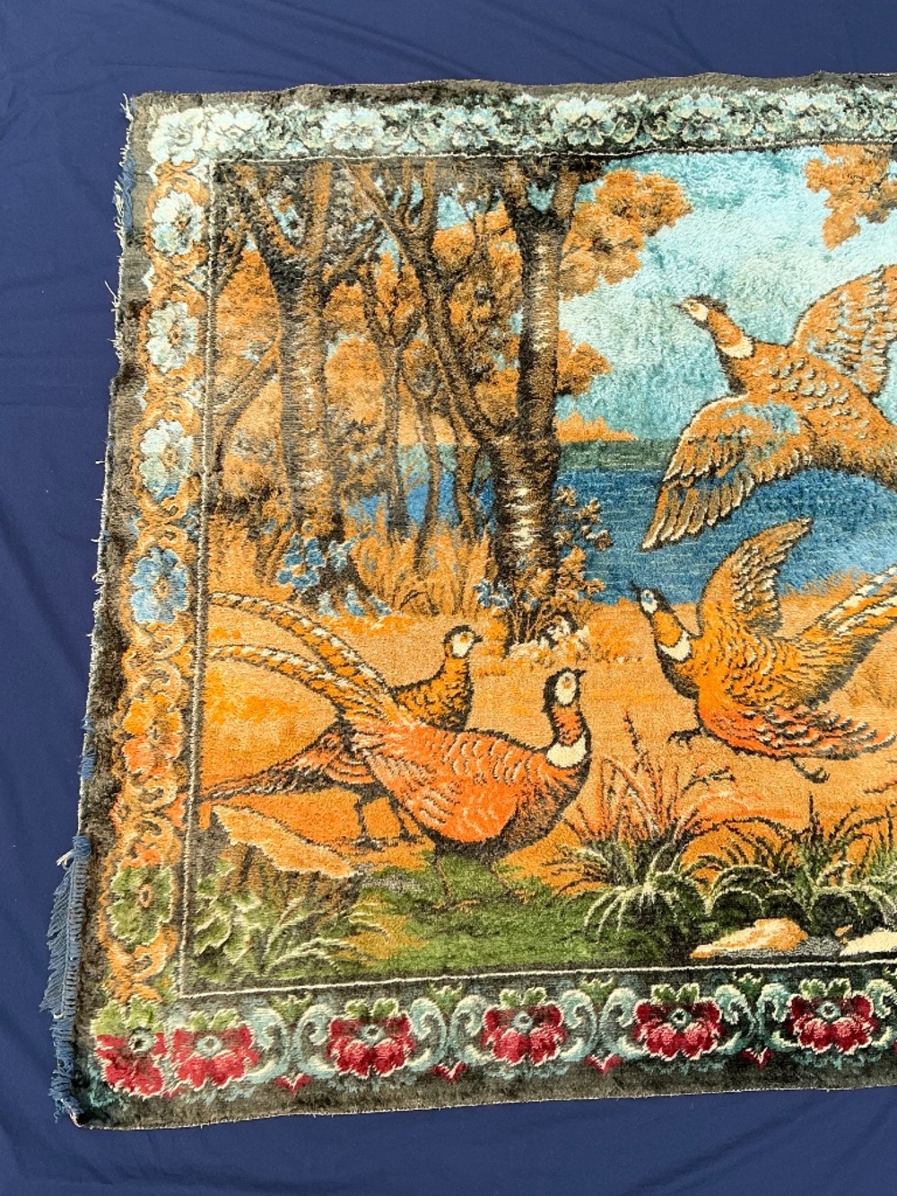 Oversized VTG 1960s Italian Wall Tapestry Pheasant Fox Woodland Rug 47”x70” - Picture 3 of 16